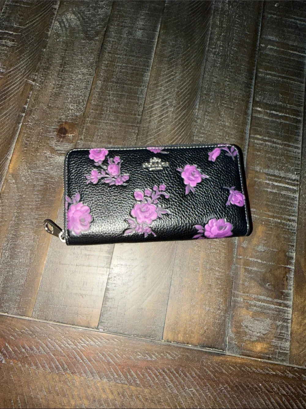Coach Black Leather Zip-Around Wallet with Pink Floral Accents
